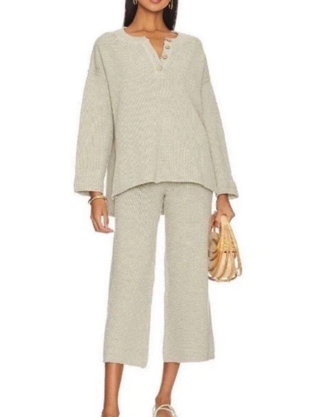 Free People FP Beach Hailee Set Waffle Knit Henley Wide Leg Light Grey Medium